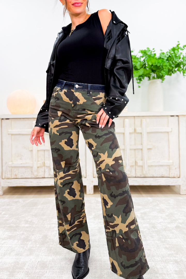 I'm A Survivor - Mid Rise Straight Wide Leg Jeans - Camo