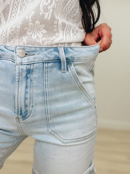 Bayside Drive By Risen - High Rise Patch Pocket Cuffed Shorts - Light