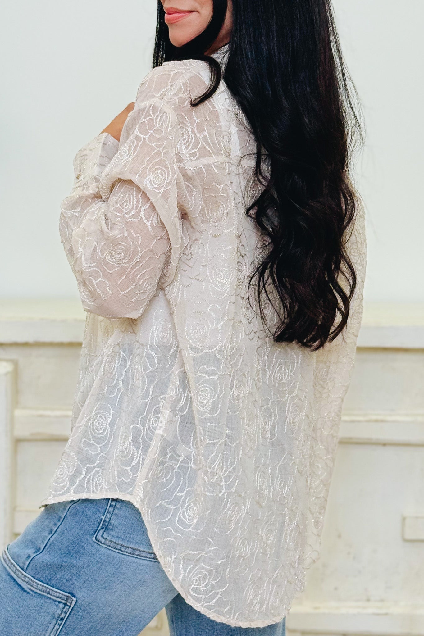Paris & Peonies Button Down Top  - Light Taupe
