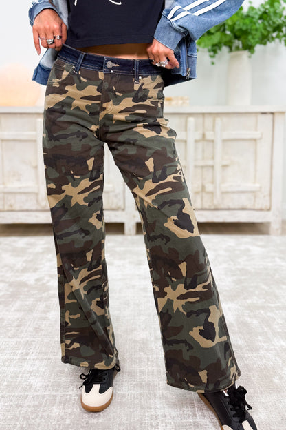 I'm A Survivor - Mid Rise Straight Wide Leg Jeans - Camo