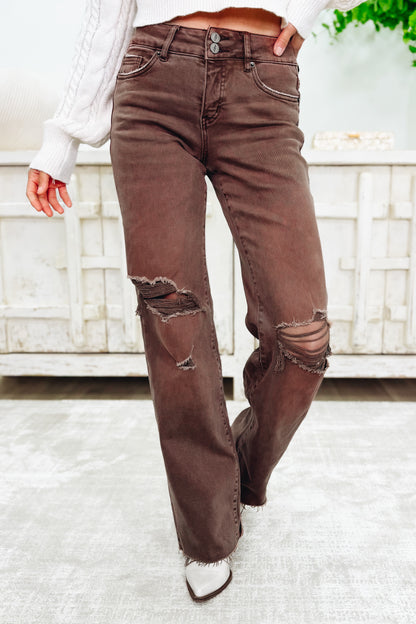 True Obsession By Denim BAR Label - High Rise Wide Leg Tummy Control Jeans - Brown