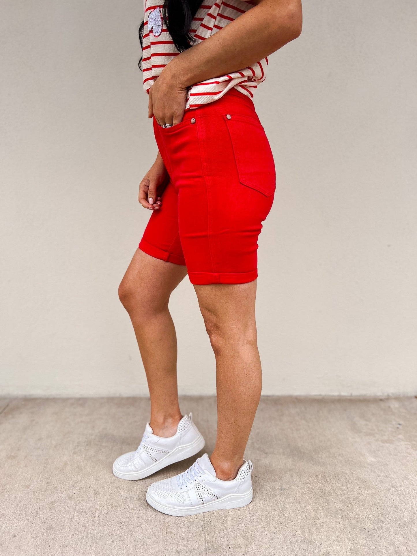 Judy Blue Babe Watch High Rise Tummy Control Bermuda Shorts - Red *JB
