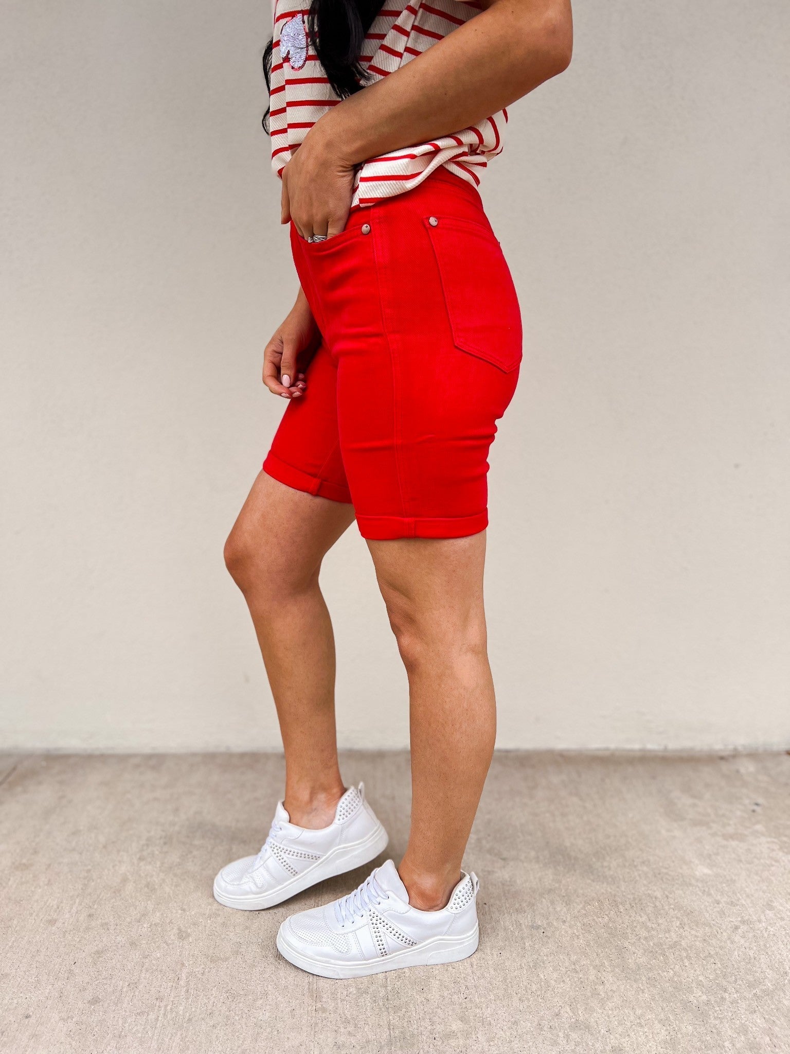 Judy Blue Babe Watch High Rise Tummy Control Bermuda Shorts - Red *JB