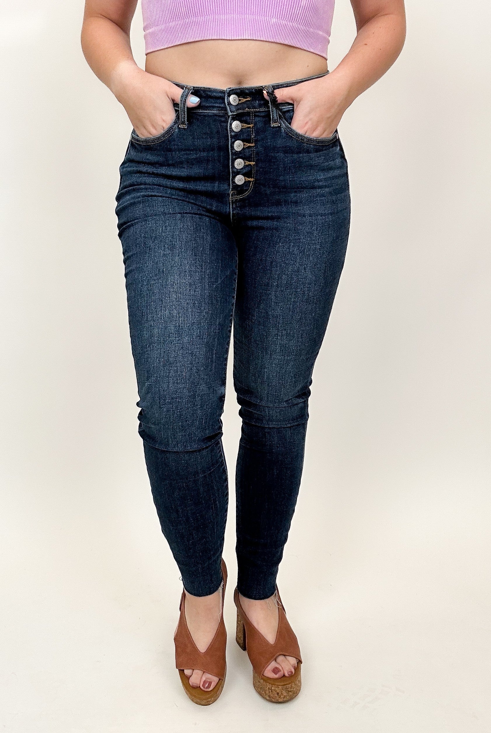 Judy Blue High Rise Button Fly Cut Off Skinny Jeans