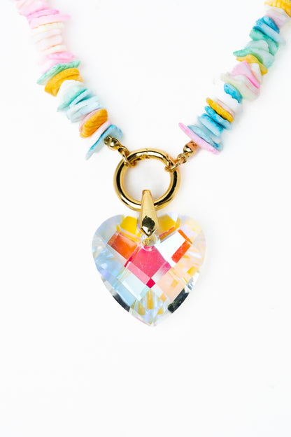 Crystal Heart Necklace - Gold Pink Multi