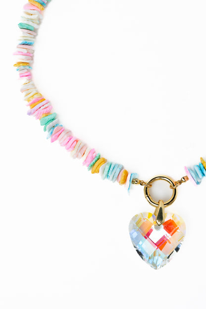 Crystal Heart Necklace - Gold Pink Multi