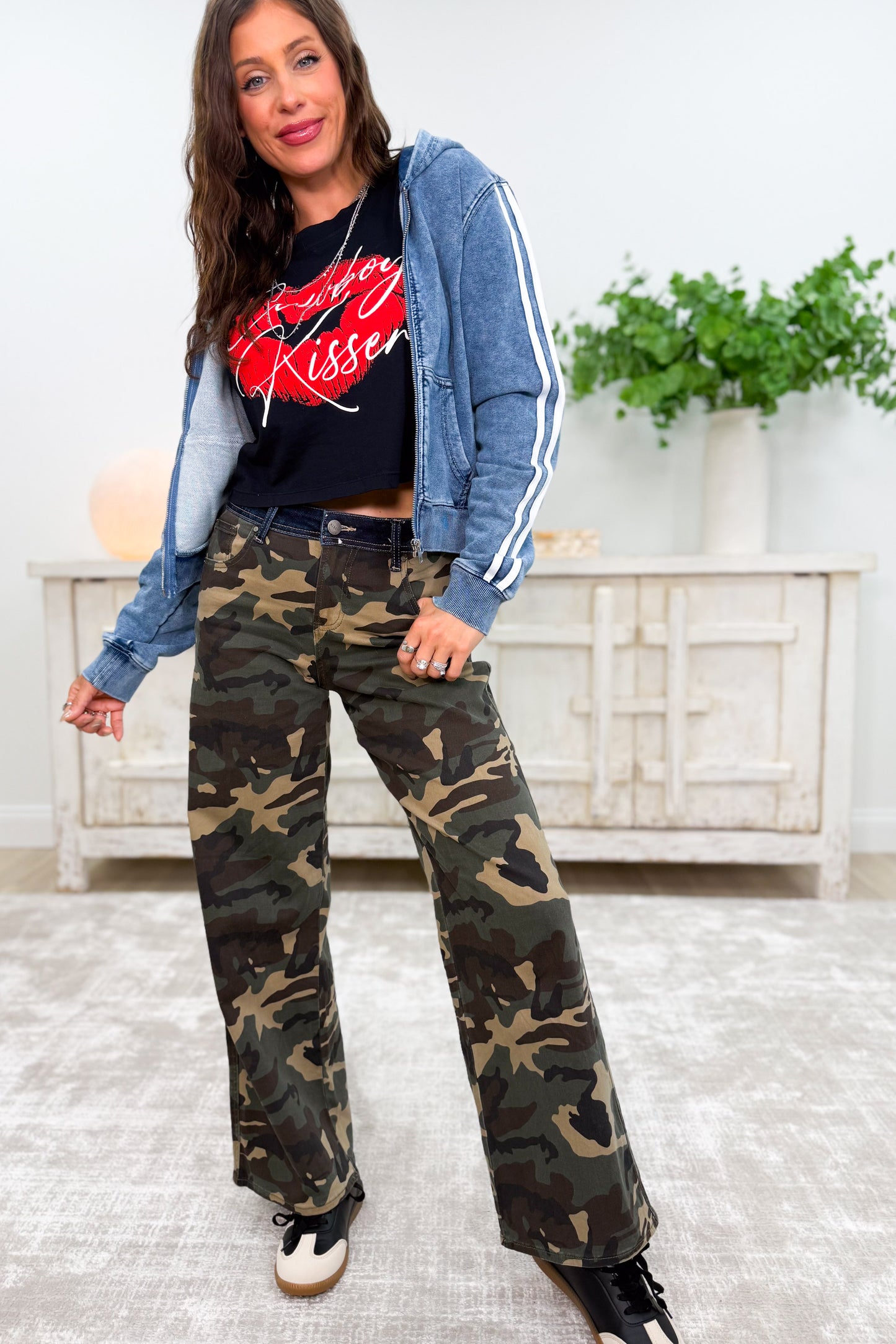 I'm A Survivor - Mid Rise Straight Wide Leg Jeans - Camo