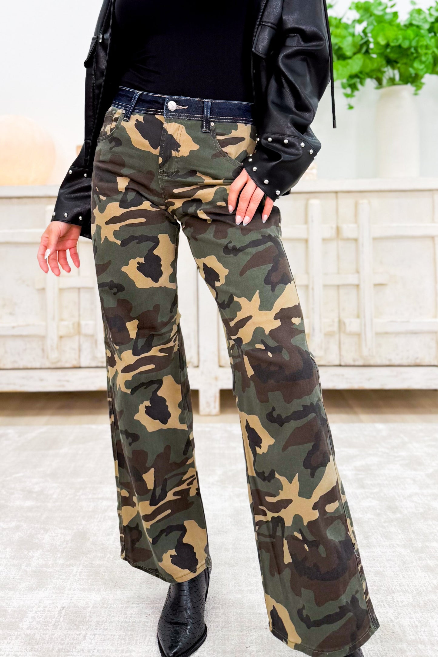 I'm A Survivor - Mid Rise Straight Wide Leg Jeans - Camo