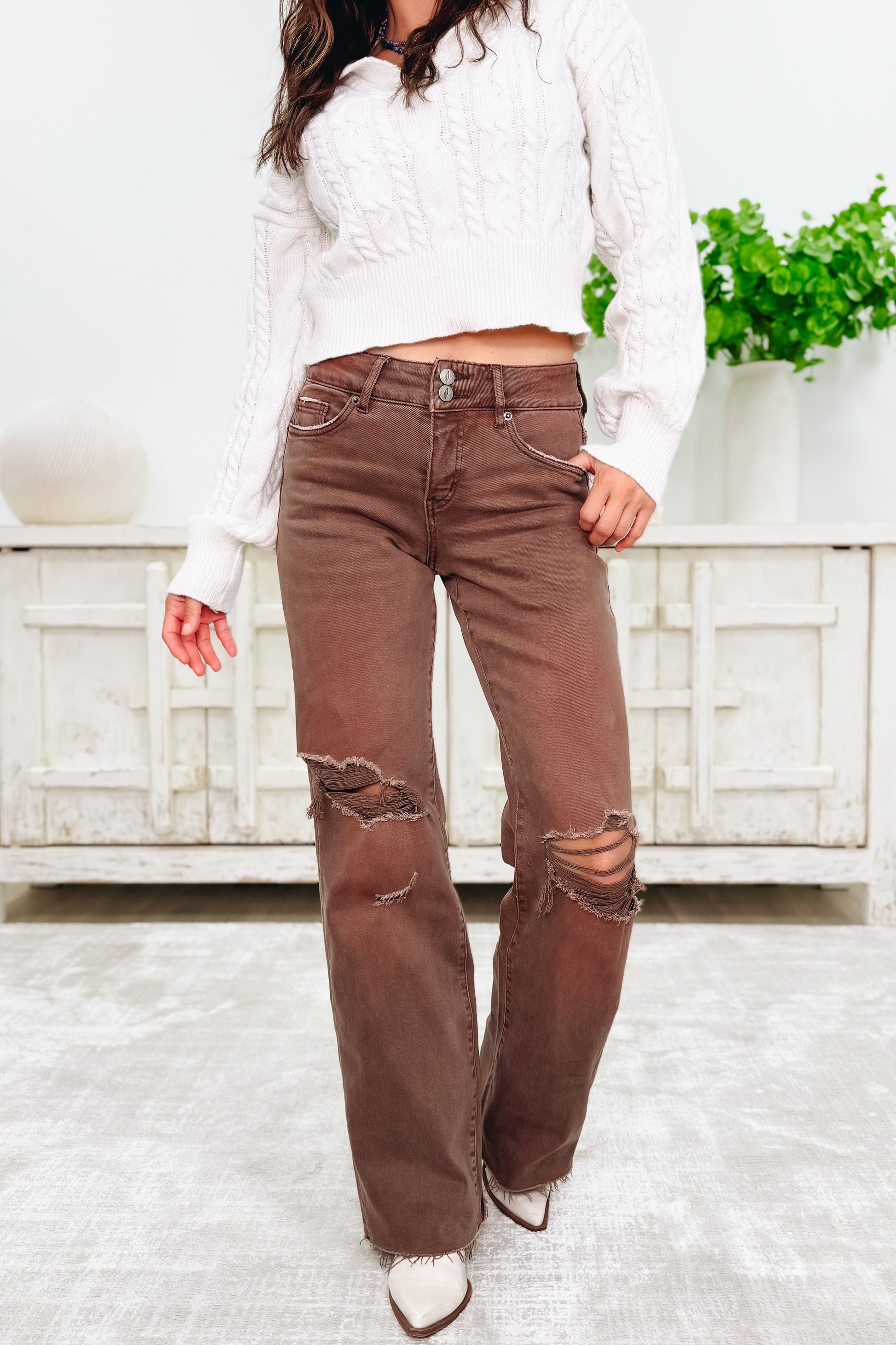 True Obsession By Denim BAR Label - High Rise Wide Leg Tummy Control Jeans - Brown