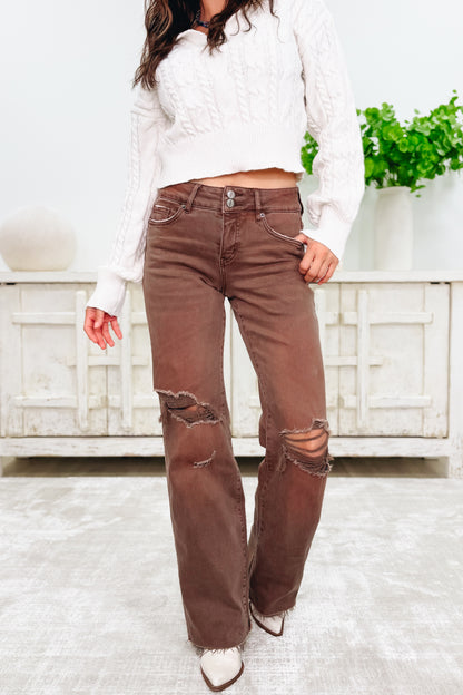 True Obsession By Denim BAR Label - High Rise Wide Leg Tummy Control Jeans - Brown