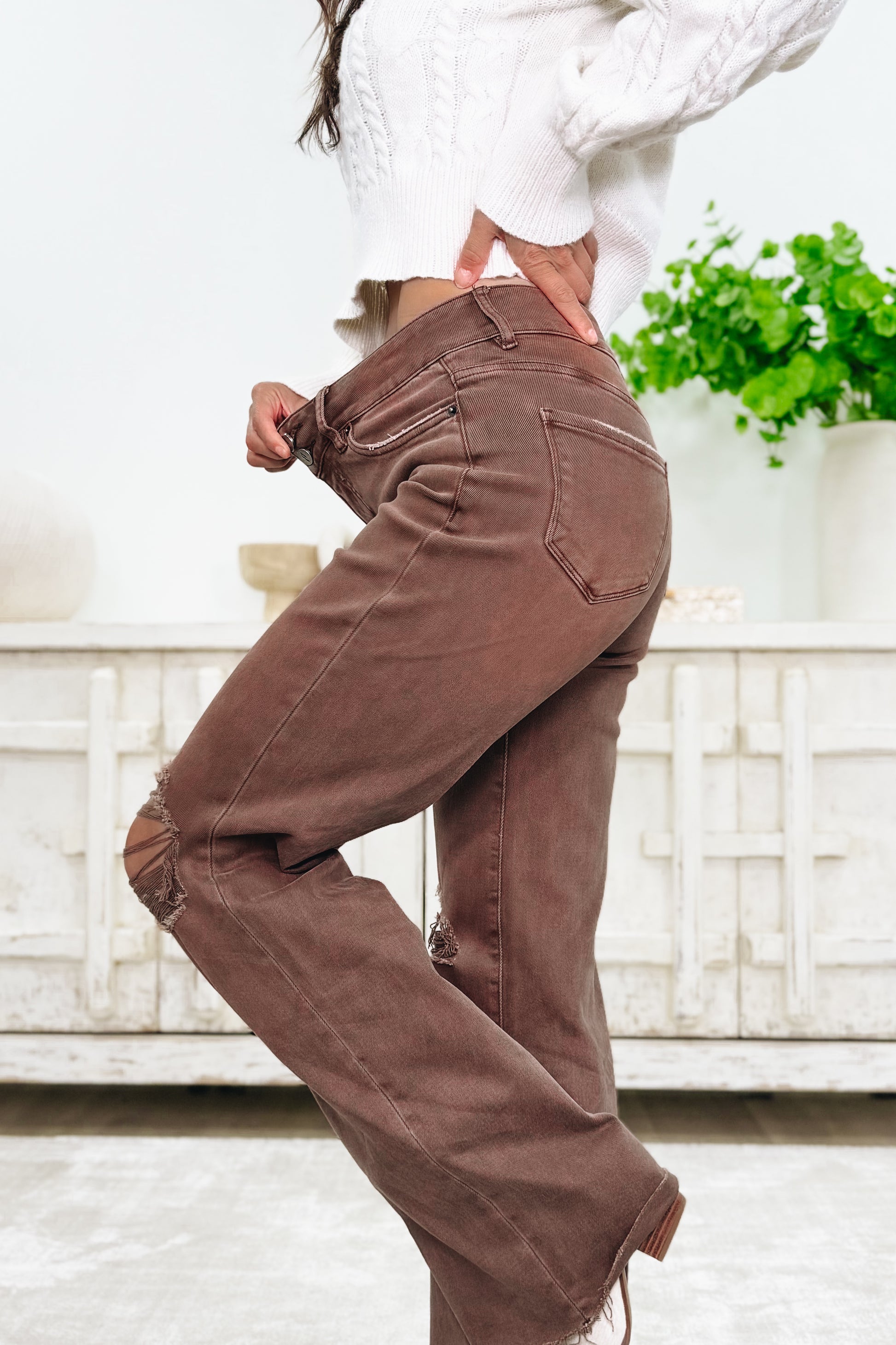 True Obsession By Denim BAR Label - High Rise Wide Leg Tummy Control Jeans - Brown