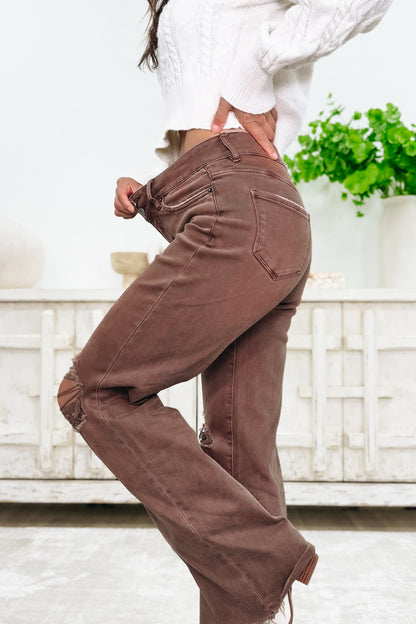 True Obsession By Denim BAR Label - High Rise Wide Leg Tummy Control Jeans - Brown