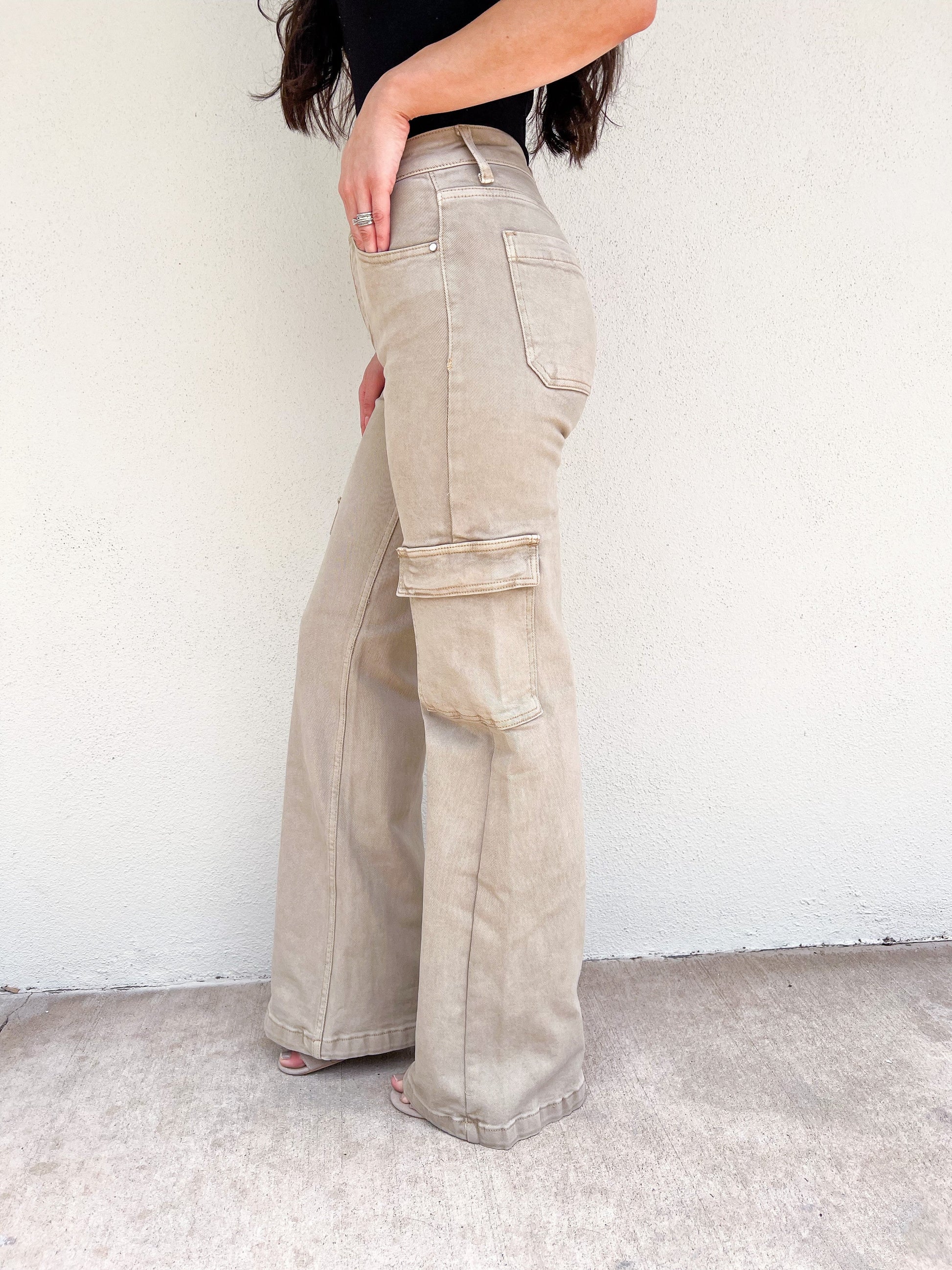 Risen Cargo Wide Leg Jeans - Khaki
