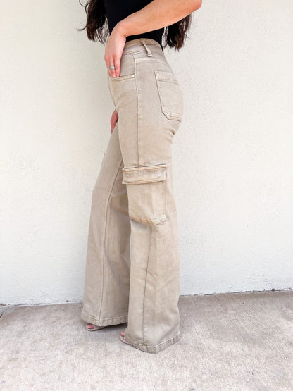 Risen Cargo Wide Leg Jeans - Khaki