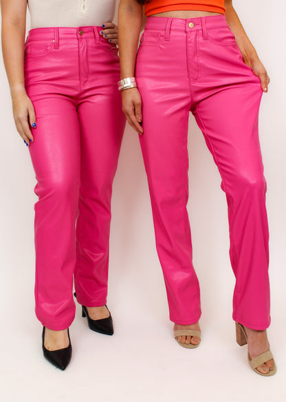 Judy Blue Barbie Girl Tummy Control Faux Leather Pants - Hot Pink