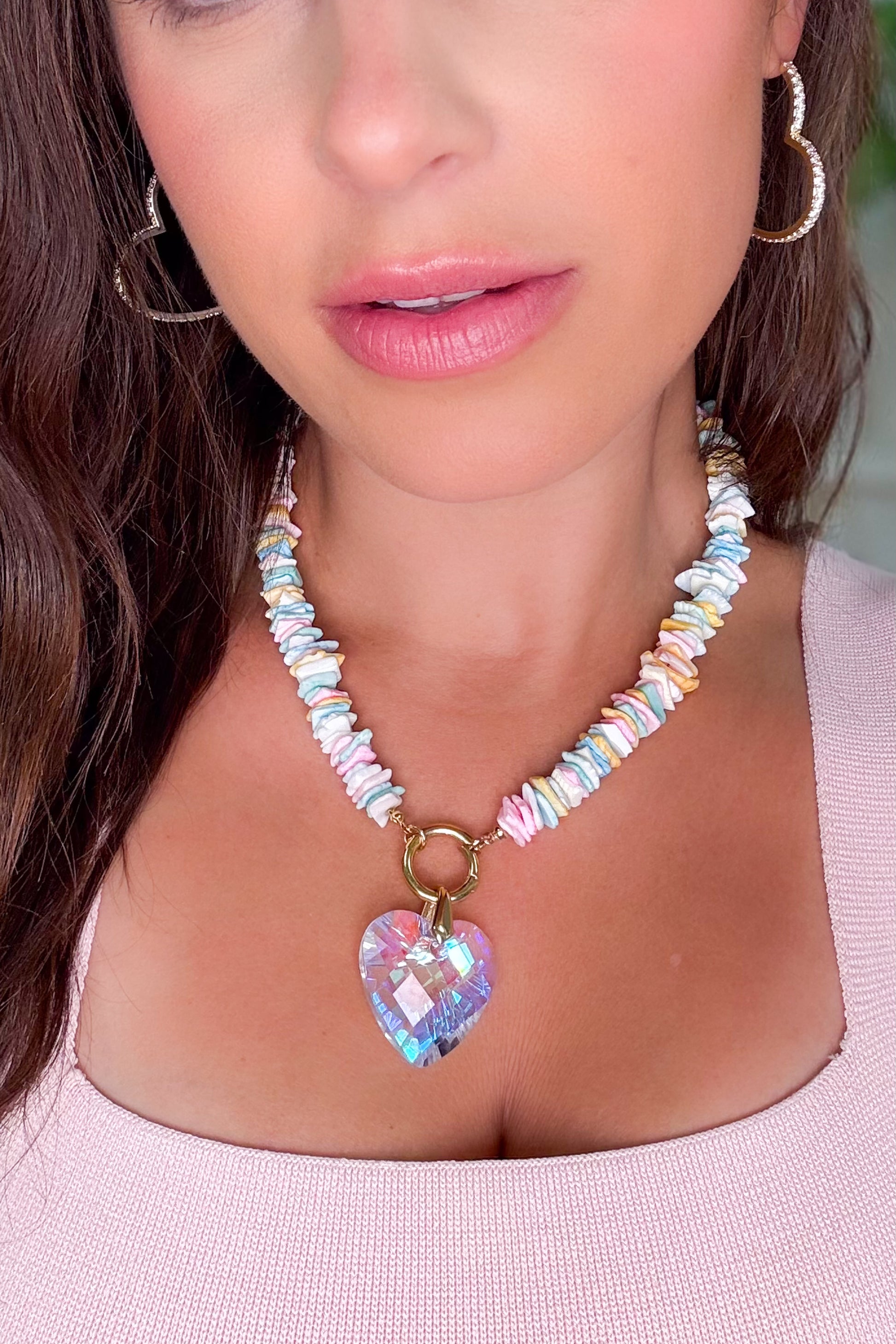 Crystal Heart Necklace - Gold Pink Multi