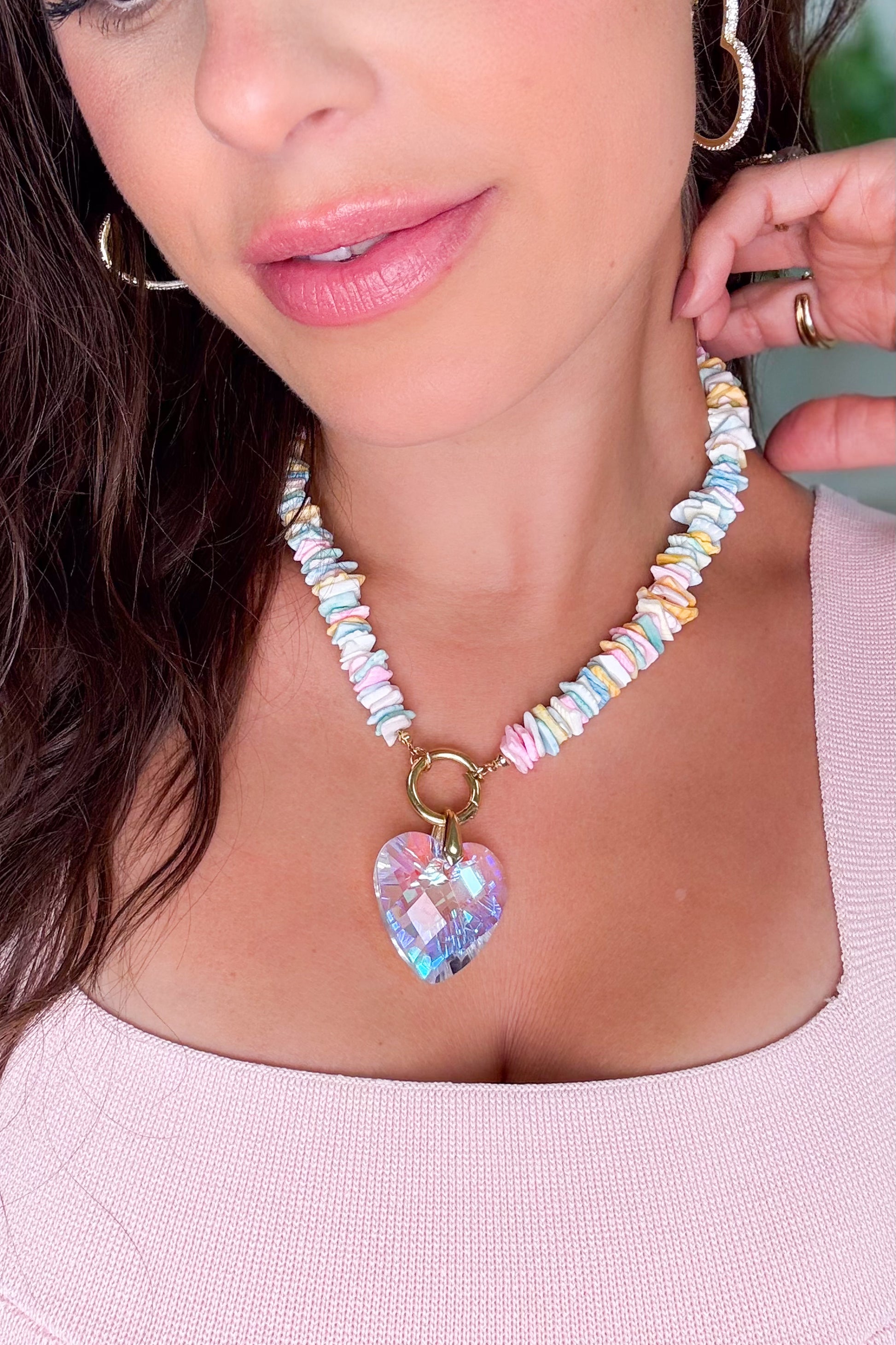 Crystal Heart Necklace - Gold Pink Multi