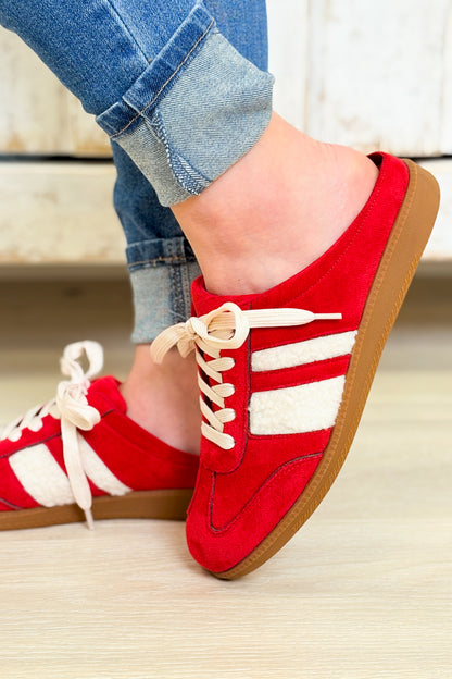 Sandra Fur Stripe Backless Mule Sneakers - Red