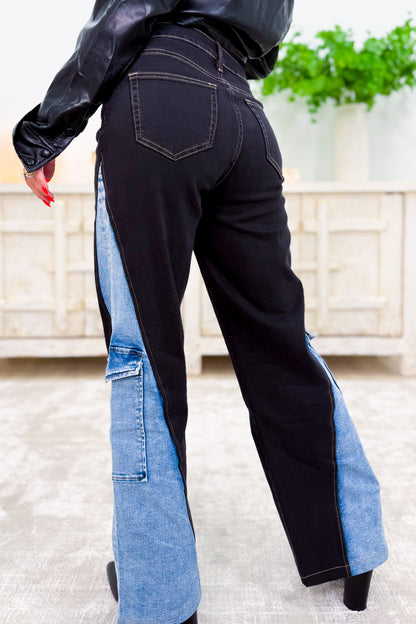 Double Take By BAR Label - High Rise Wide Leg Cargo Jeans - Black Indigo