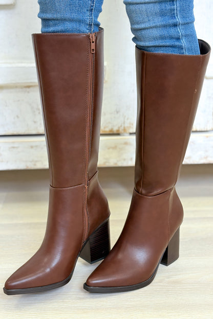Vapor Pointed Toe Block Heel Tall Boots - Brown