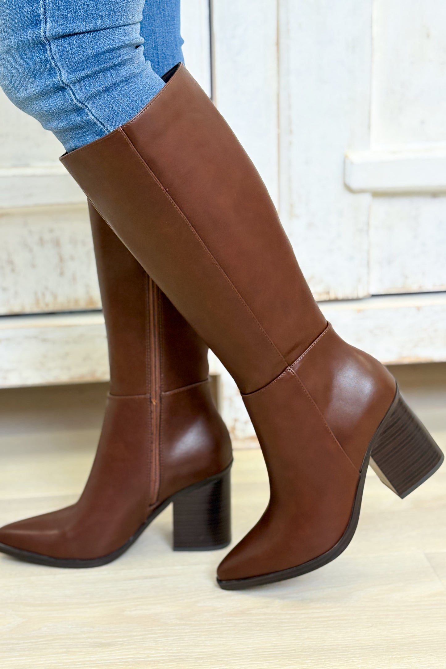 Vapor Pointed Toe Block Heel Tall Boots - Brown