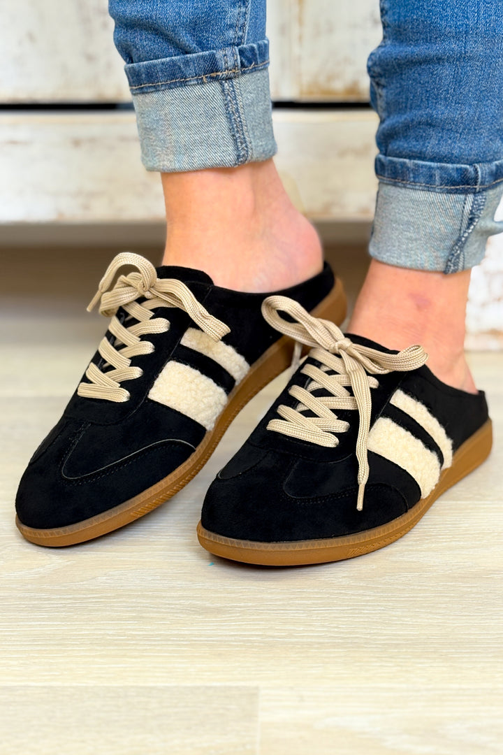 Sandra Fur Stripe Backless Mule Sneakers - Black