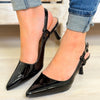 Betty Strap Back Heels - Black Patten