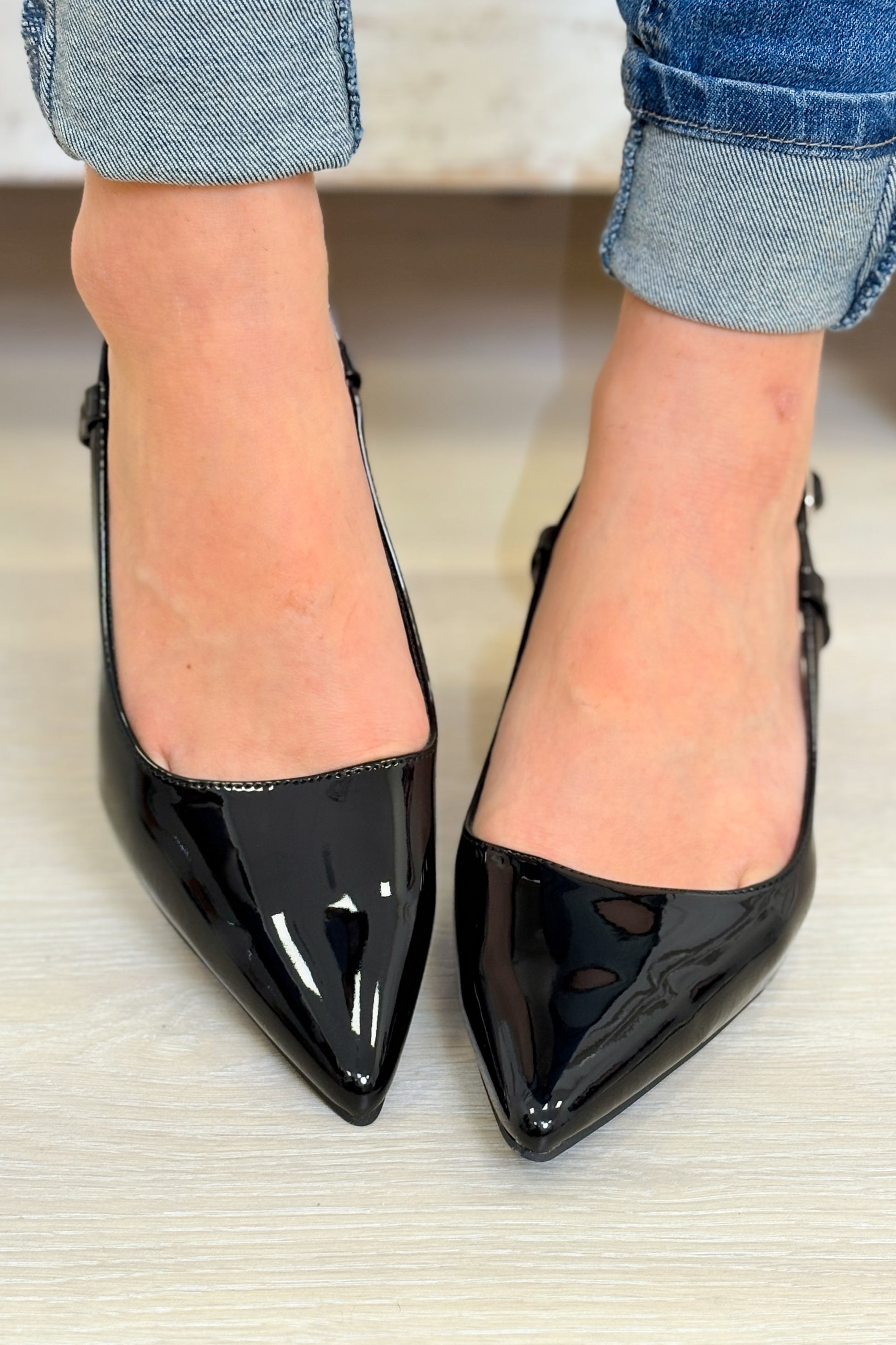 Betty Strap Back Heels - Black Patten