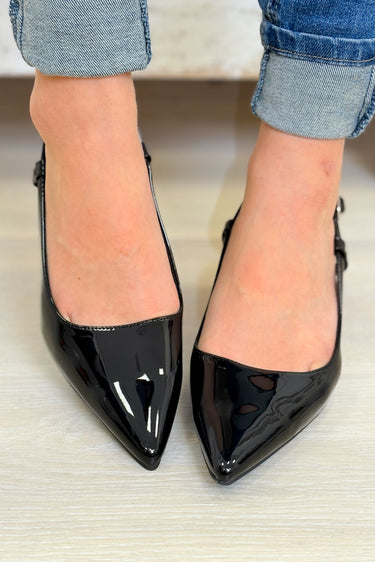 Betty Strap Back Heels - Black Patten
