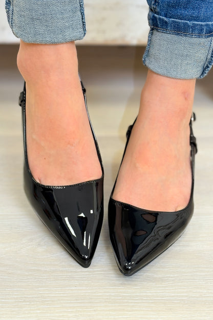 Betty Strap Back Heels - Black Patten