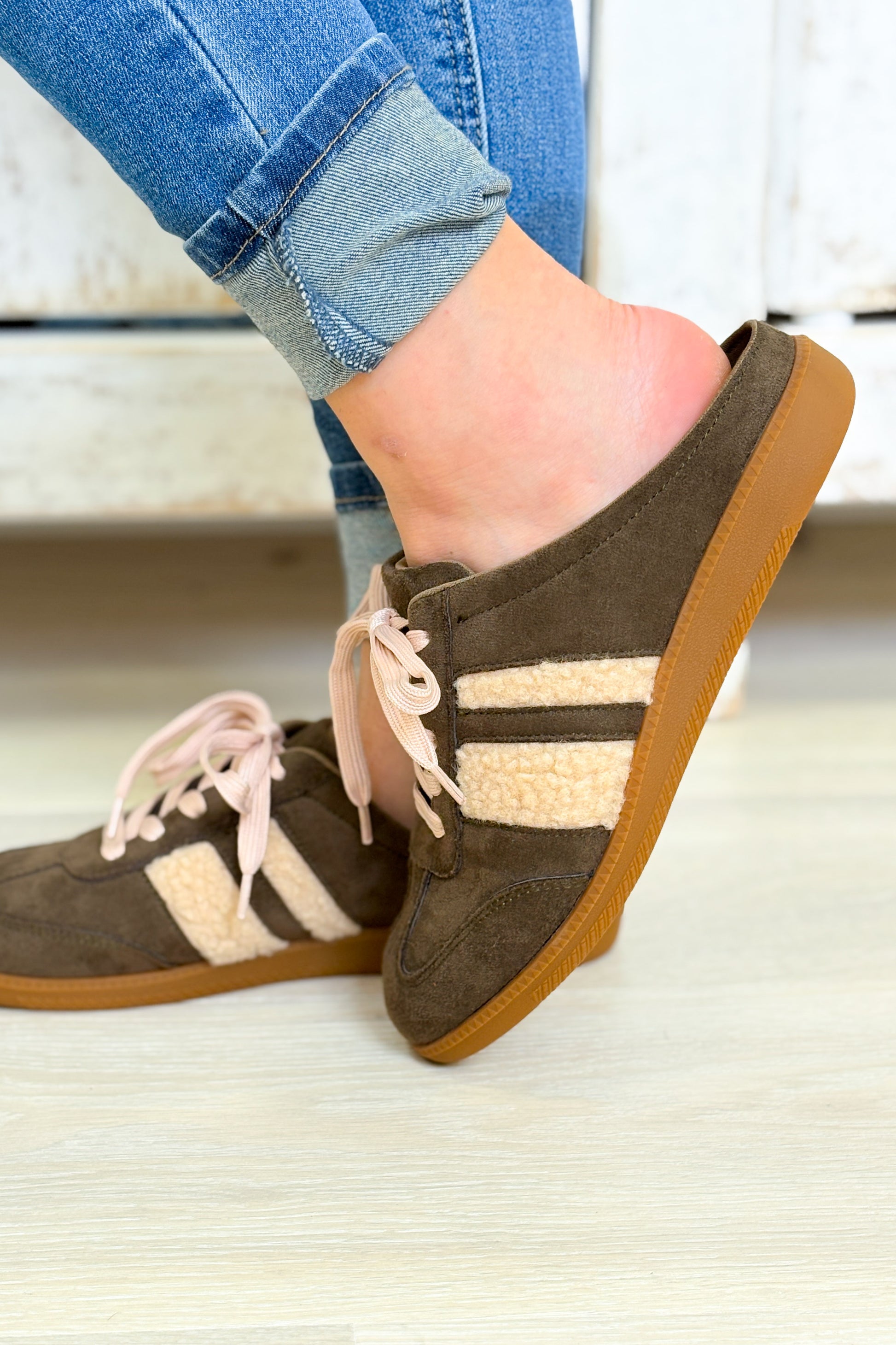 Sandra Fur Stripe Backless Mule Sneakers - Dark Olive
