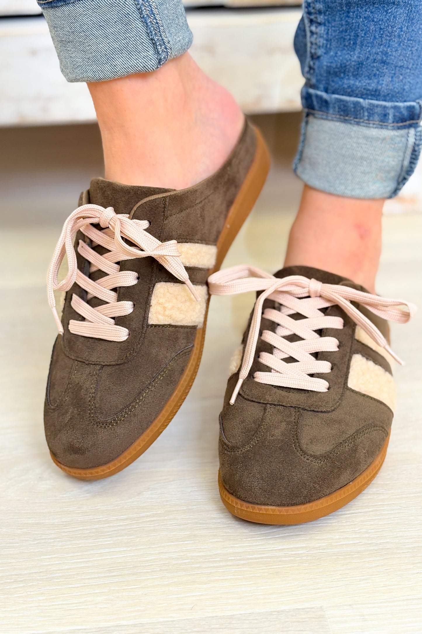 Sandra Fur Stripe Backless Mule Sneakers - Dark Olive