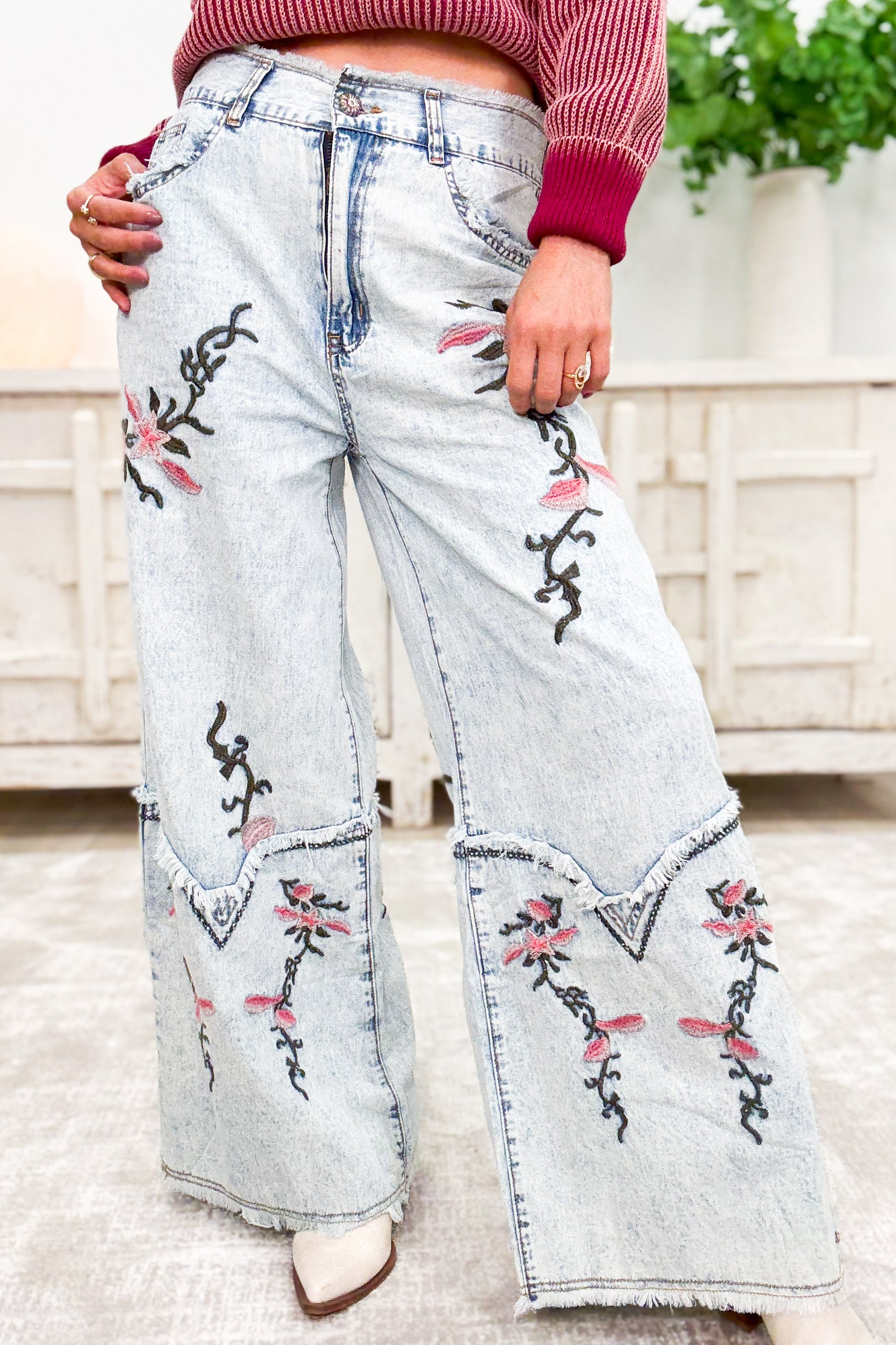 Eden Floral Embroidered Wide Leg Pants