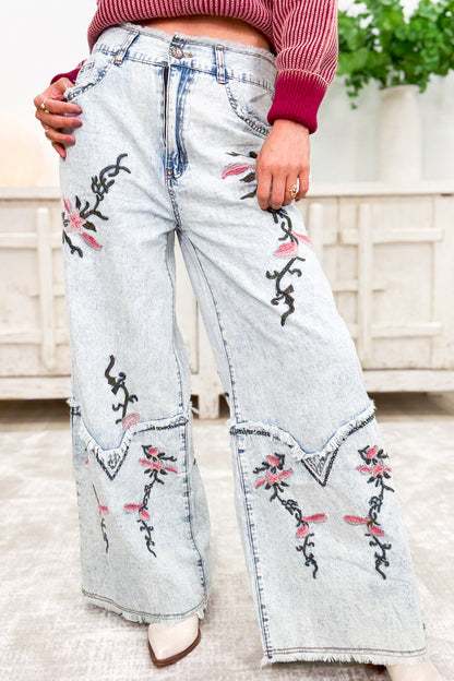 Eden Floral Embroidered Wide Leg Pants