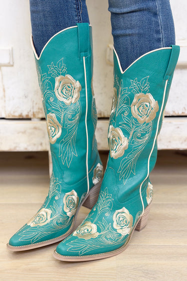 Cali Embroidered & Studded Boots - Turquoise