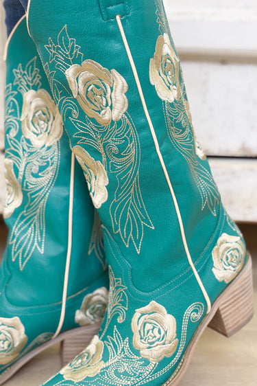 Cali Embroidered & Studded Boots - Turquoise