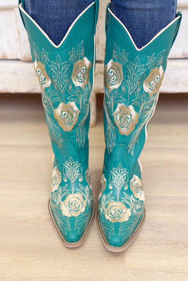 Cali Embroidered & Studded Boots - Turquoise