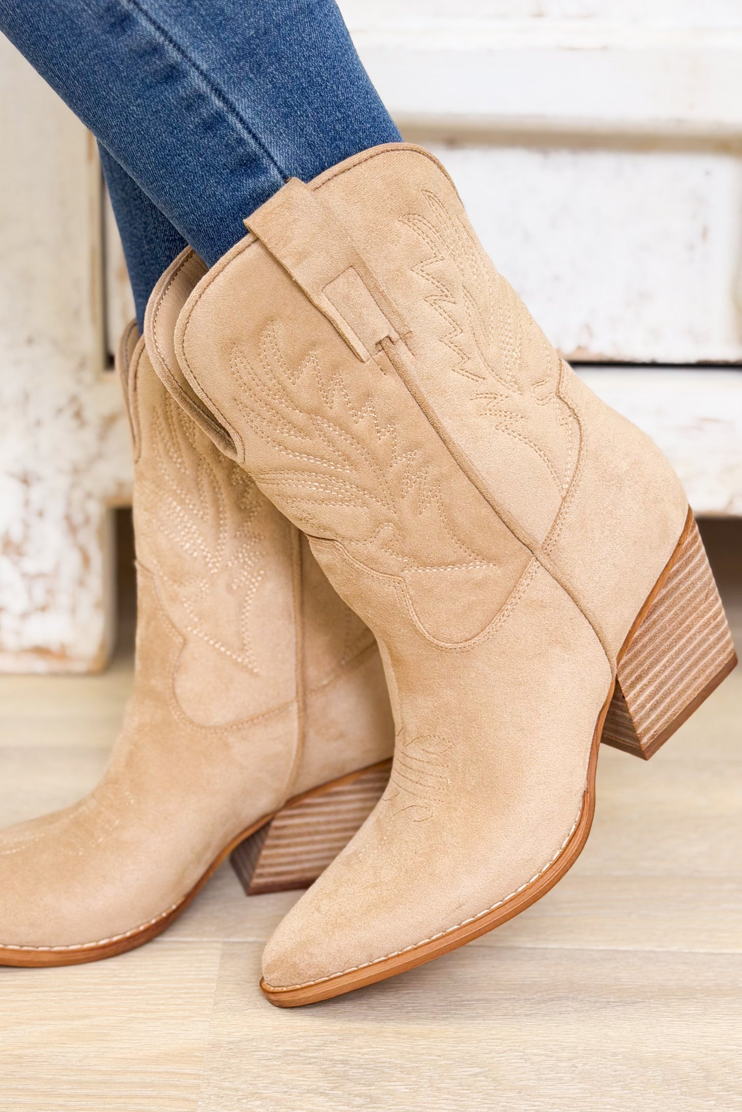 Nicole Western Mid Boots - Beige - Beige / 6 Nicole Western Mid Boots - Beige - Beige / 6