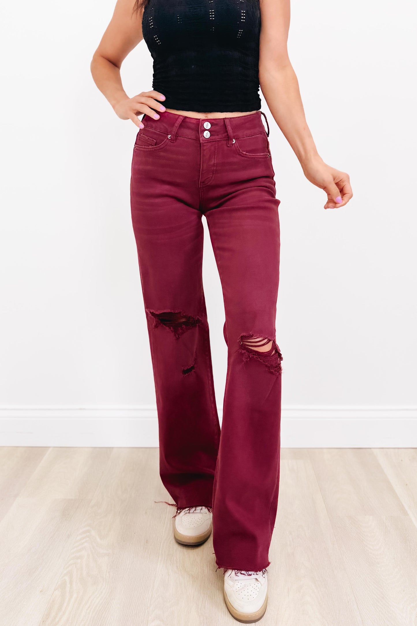 True Obsession By Denim BAR Label - High Rise Wide Leg Tummy Control Jeans - Burgundy