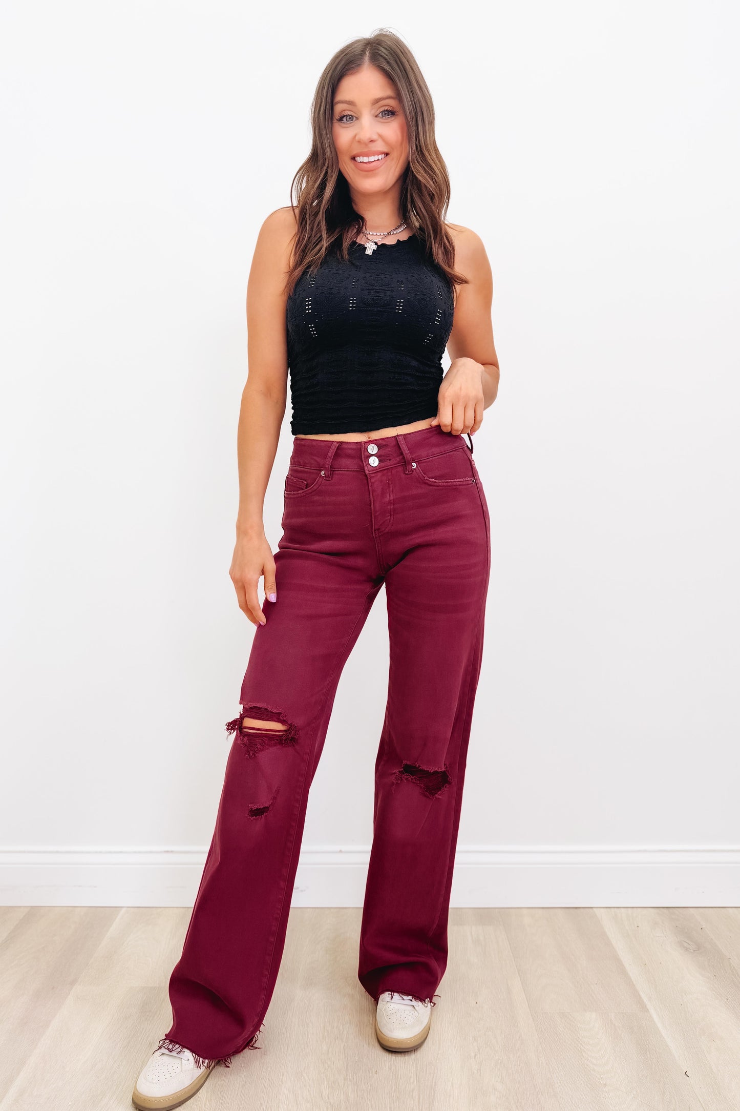 True Obsession By Denim BAR Label - High Rise Wide Leg Tummy Control Jeans - Burgundy