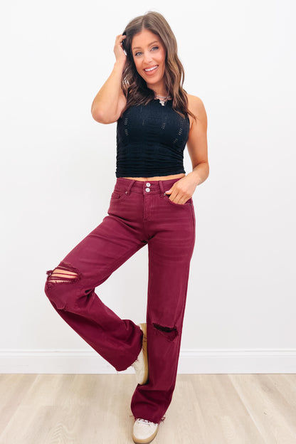True Obsession By Denim BAR Label - High Rise Wide Leg Tummy Control Jeans - Burgundy