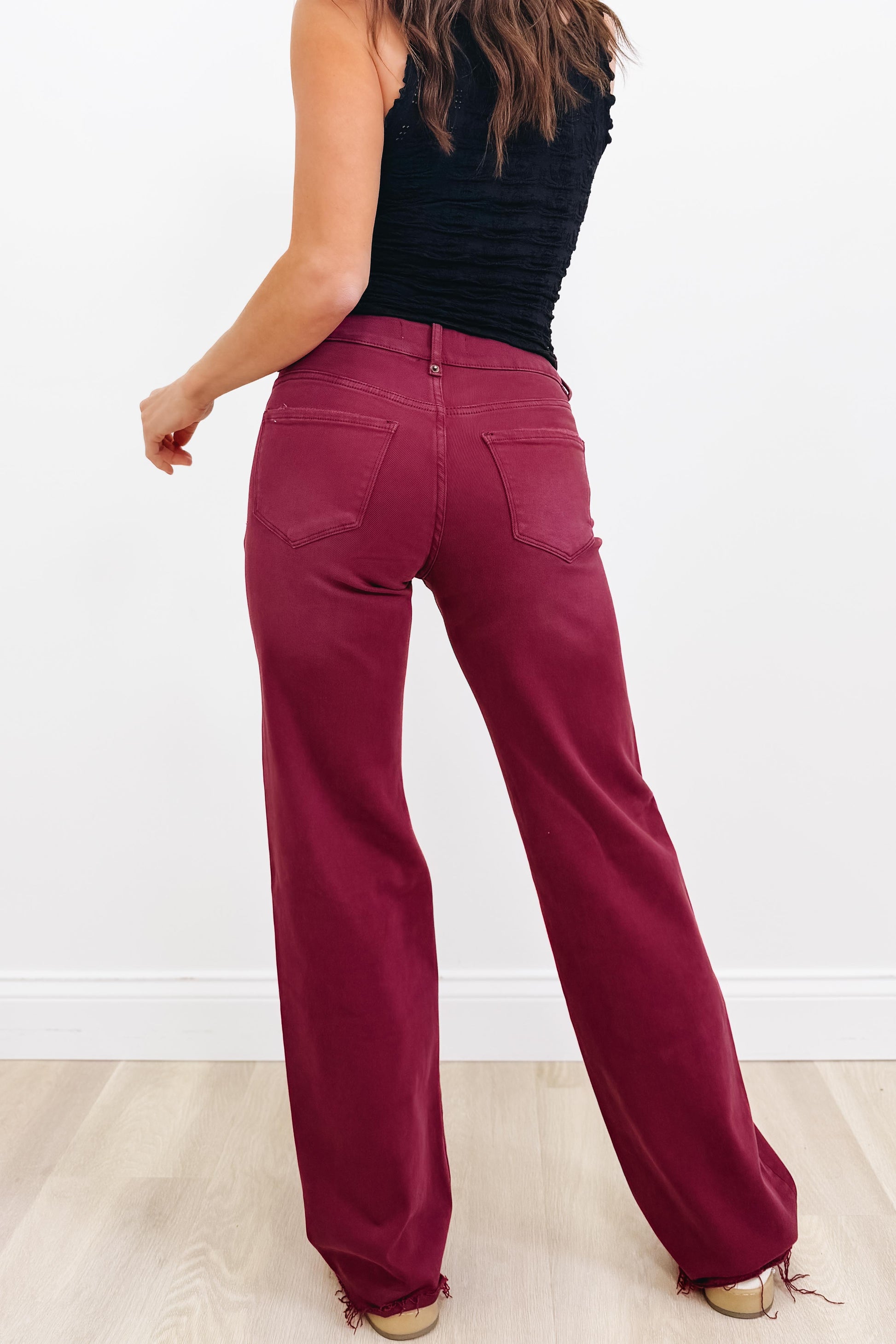 True Obsession By Denim BAR Label - High Rise Wide Leg Tummy Control Jeans - Burgundy