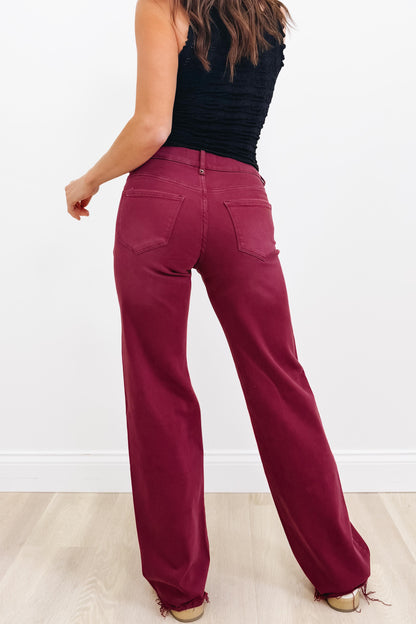 True Obsession By Denim BAR Label - High Rise Wide Leg Tummy Control Jeans - Burgundy