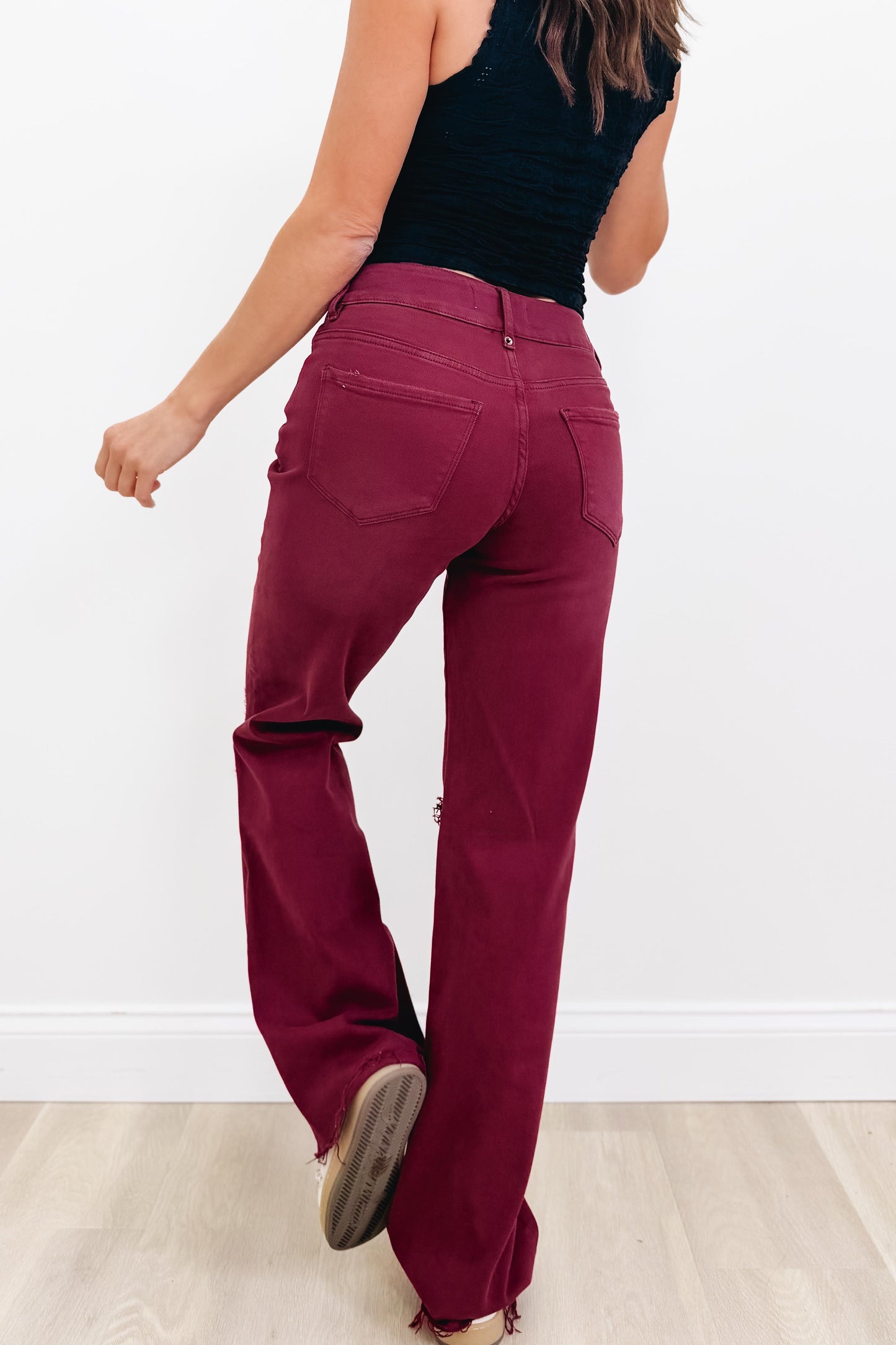 True Obsession By Denim BAR Label - High Rise Wide Leg Tummy Control Jeans - Burgundy