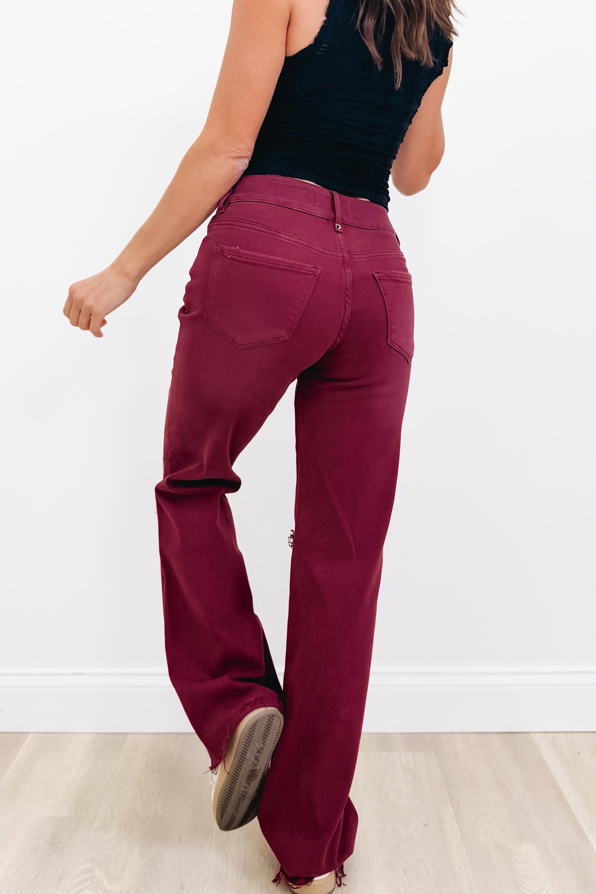 True Obsession By Denim BAR Label - High Rise Wide Leg Tummy Control Jeans - Burgundy