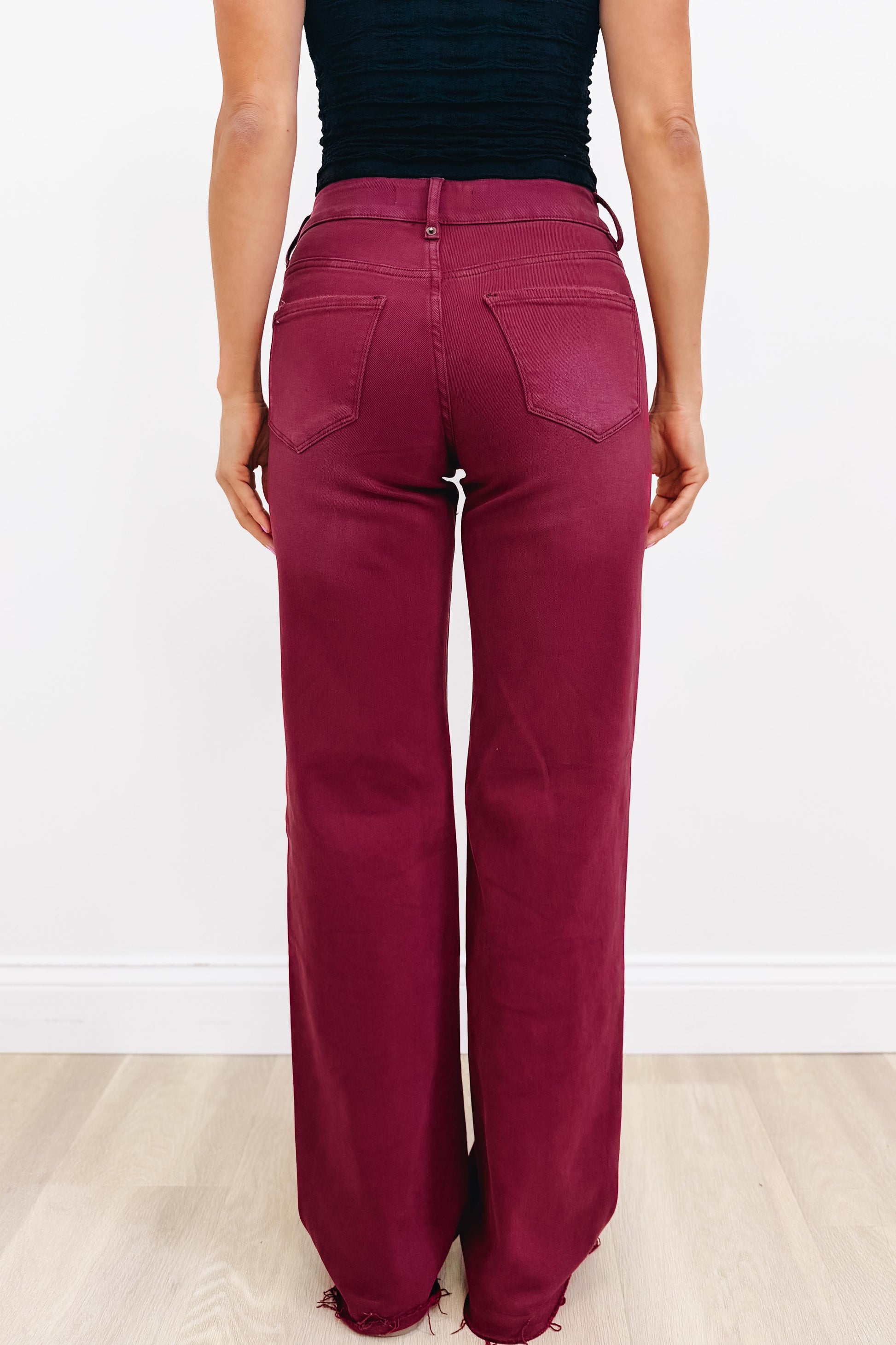 True Obsession By Denim BAR Label - High Rise Wide Leg Tummy Control Jeans - Burgundy