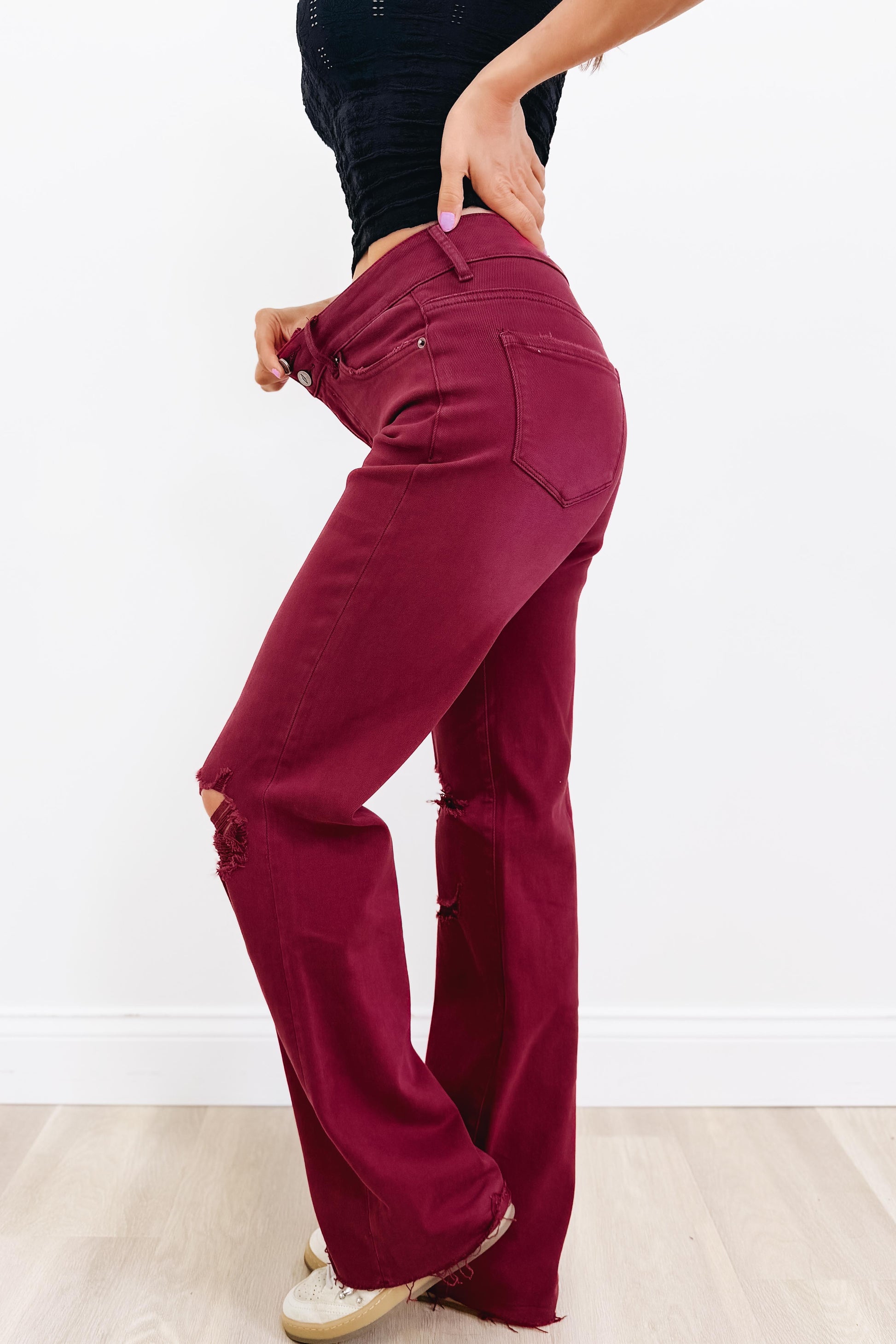 True Obsession By Denim BAR Label - High Rise Wide Leg Tummy Control Jeans - Burgundy