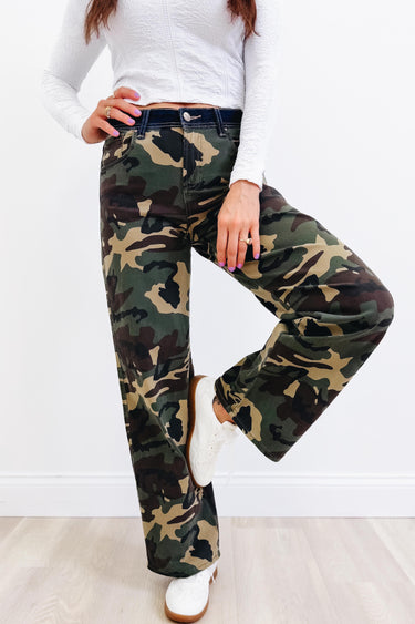 I'm A Survivor - Mid Rise Straight Wide Leg Jeans - Camo