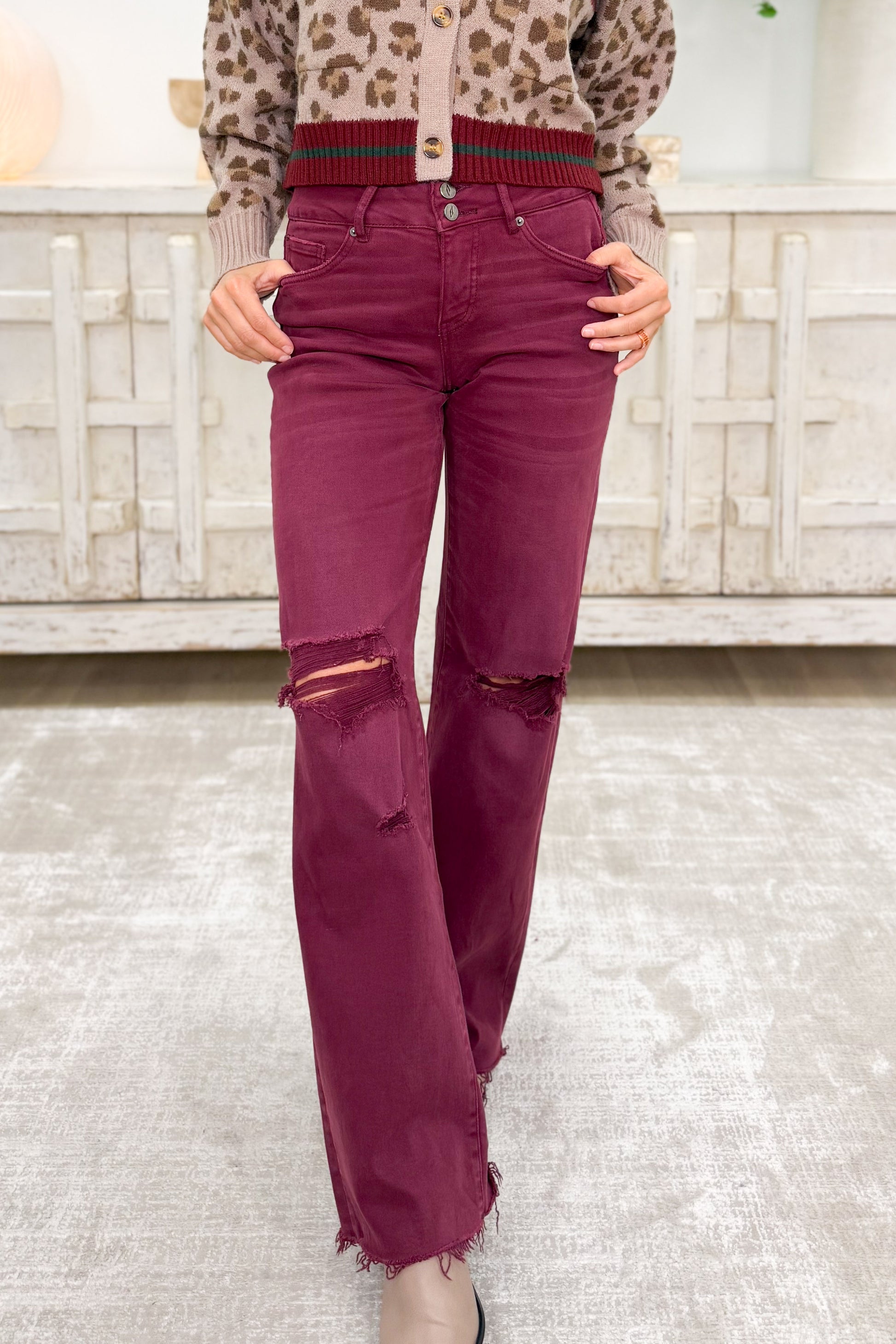 True Obsession By Denim BAR Label - High Rise Wide Leg Tummy Control Jeans - Burgundy