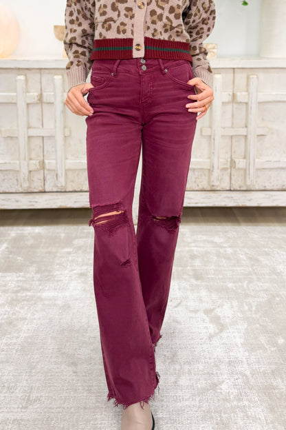 True Obsession By Denim BAR Label - High Rise Wide Leg Tummy Control Jeans - Burgundy
